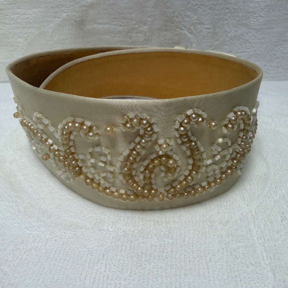 Vintage Champagne Satin Beaded Wide Waist Belt Faux Pearl Scroll Formal MCM